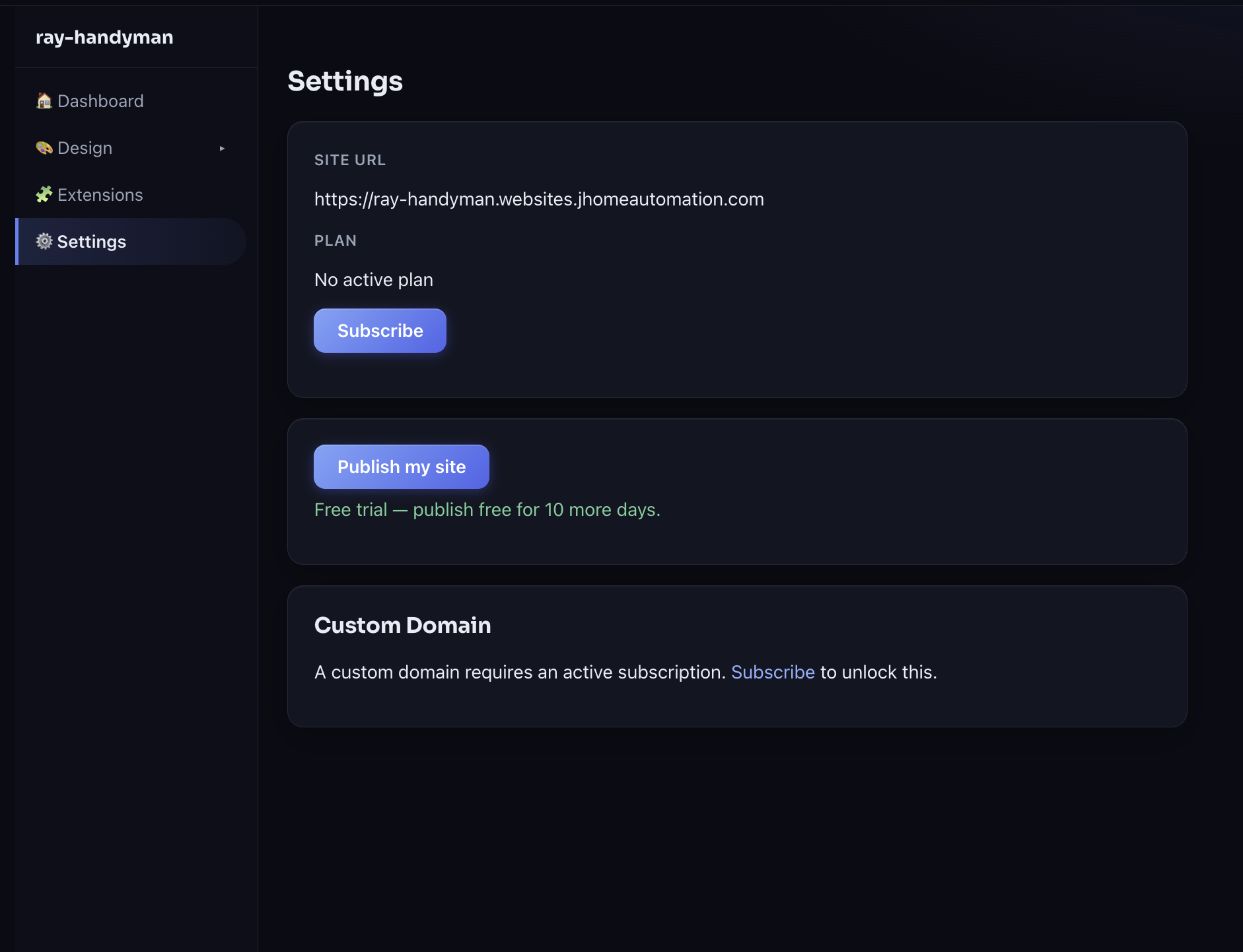 Settings page showing the live site URL and publish button