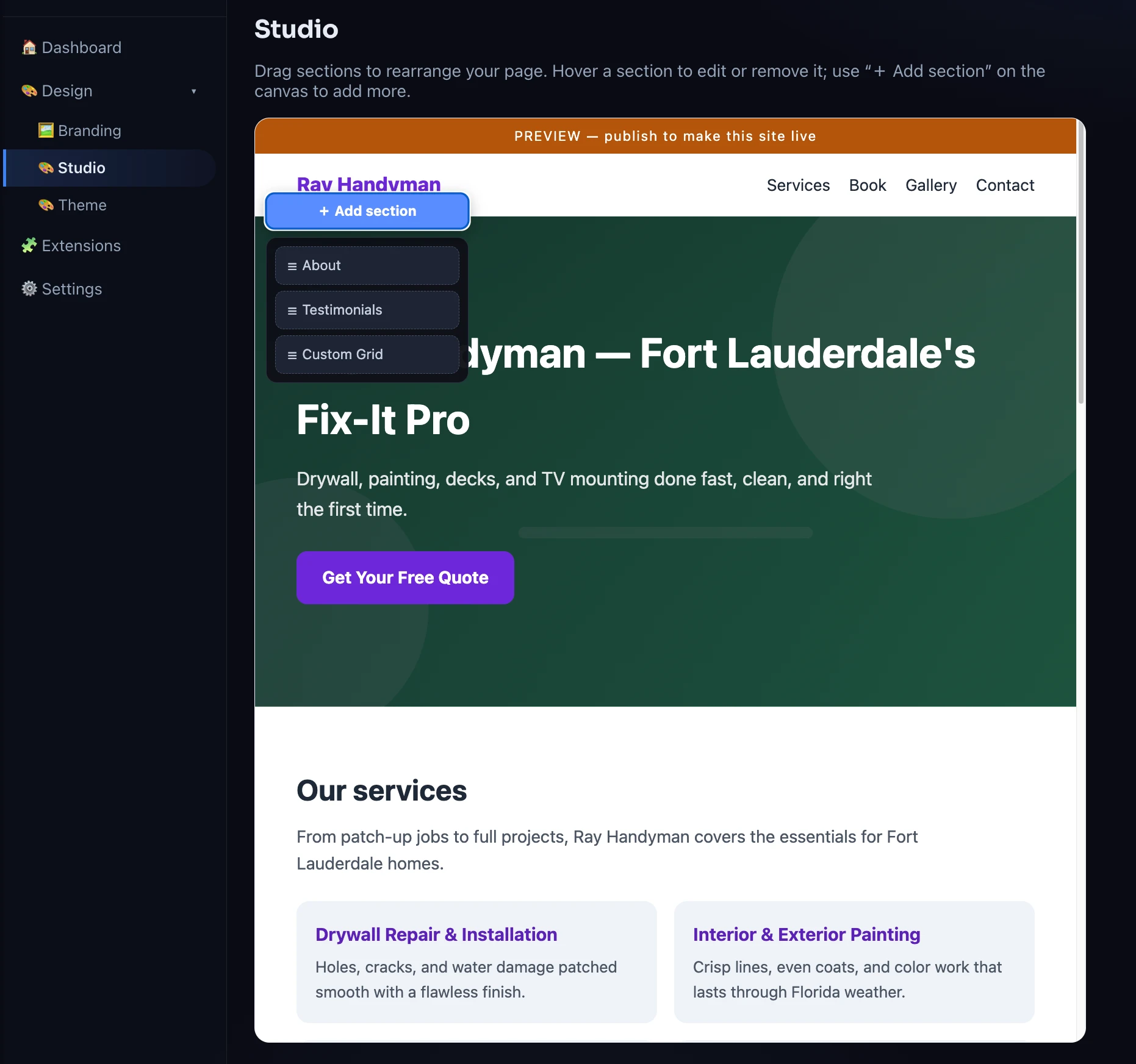 Studio drag-and-drop page editor showing the Ray Handyman example site